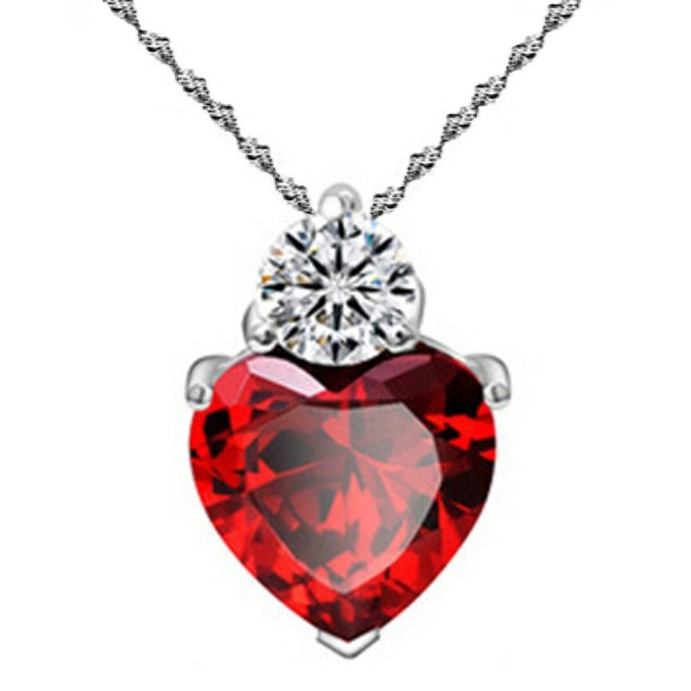 925 Sterling Silver Red Garnet Heart Crystal Pendant Necklace Valentine Gift Box